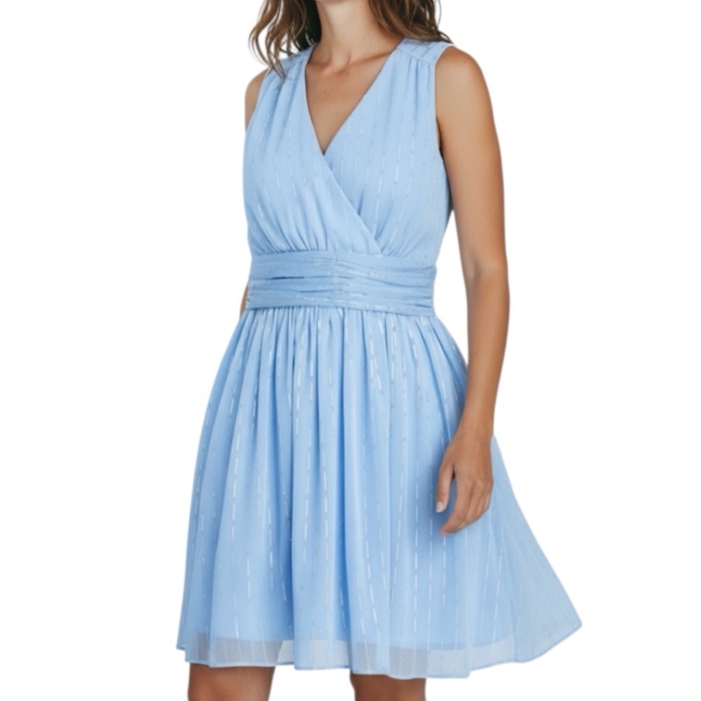 NWT AQUA Blue & Silver Lurex Sleeveless V-Neck Lined Mini Dress Size Medium